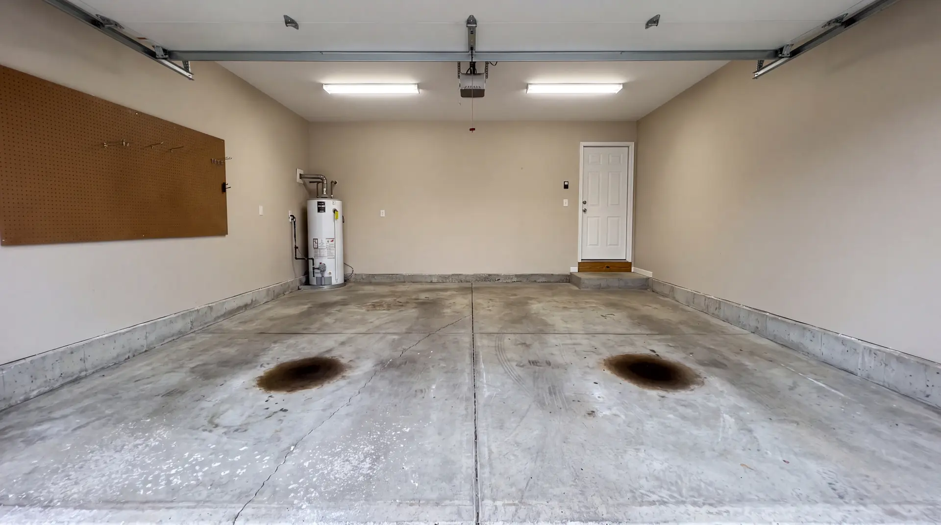 The same garage before, with an oil-stained, salt-pitted slab